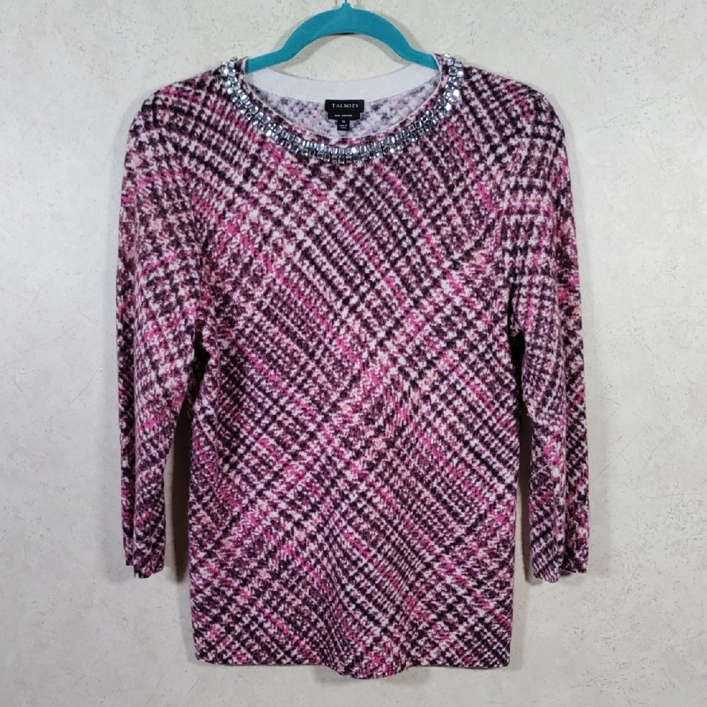 6077 Talbots burgundy & pink 100% cashmere sweater M